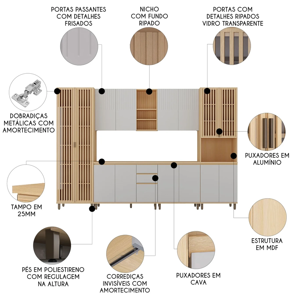 Armário de Cozinha 6 Peças CP02 e Tampo Pierre Carvalho/Cinza L01 - Mpozenato