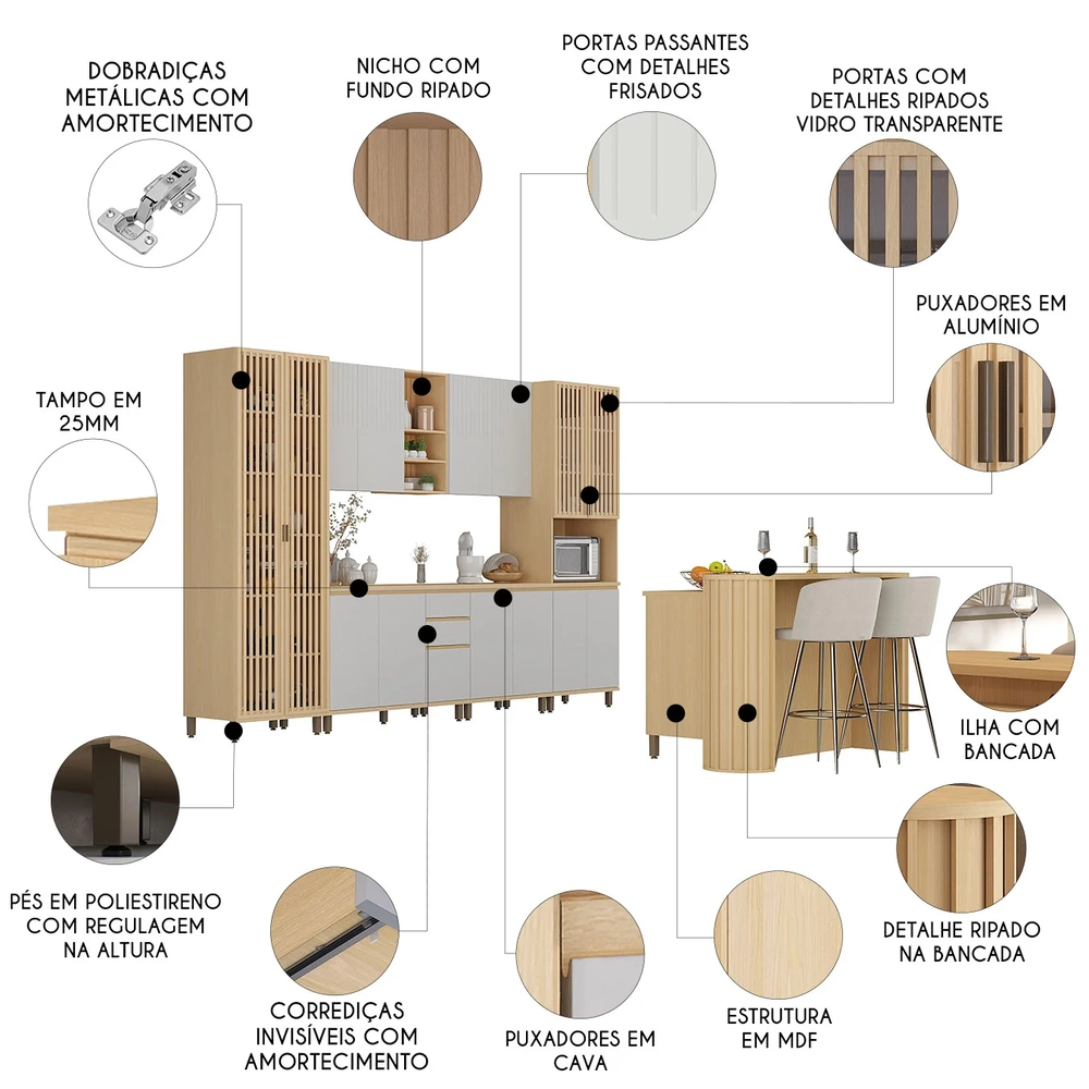 Armário de Cozinha 8 Peças CP02 Com Ilha Pierre Carvalho/Cinza L01 - Mpozenato