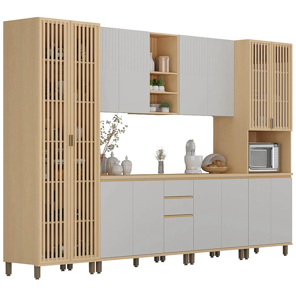 Armário de Cozinha 8 Peças CP02 Com Ilha Pierre Carvalho/Cinza L01 - Mpozenato