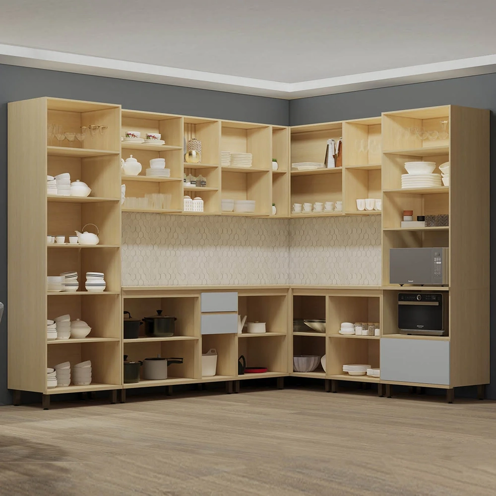 Armário de Cozinha 10 Peças CP03 e Tampo Pierre Carvalho/Cinza L01 - Mpozenato