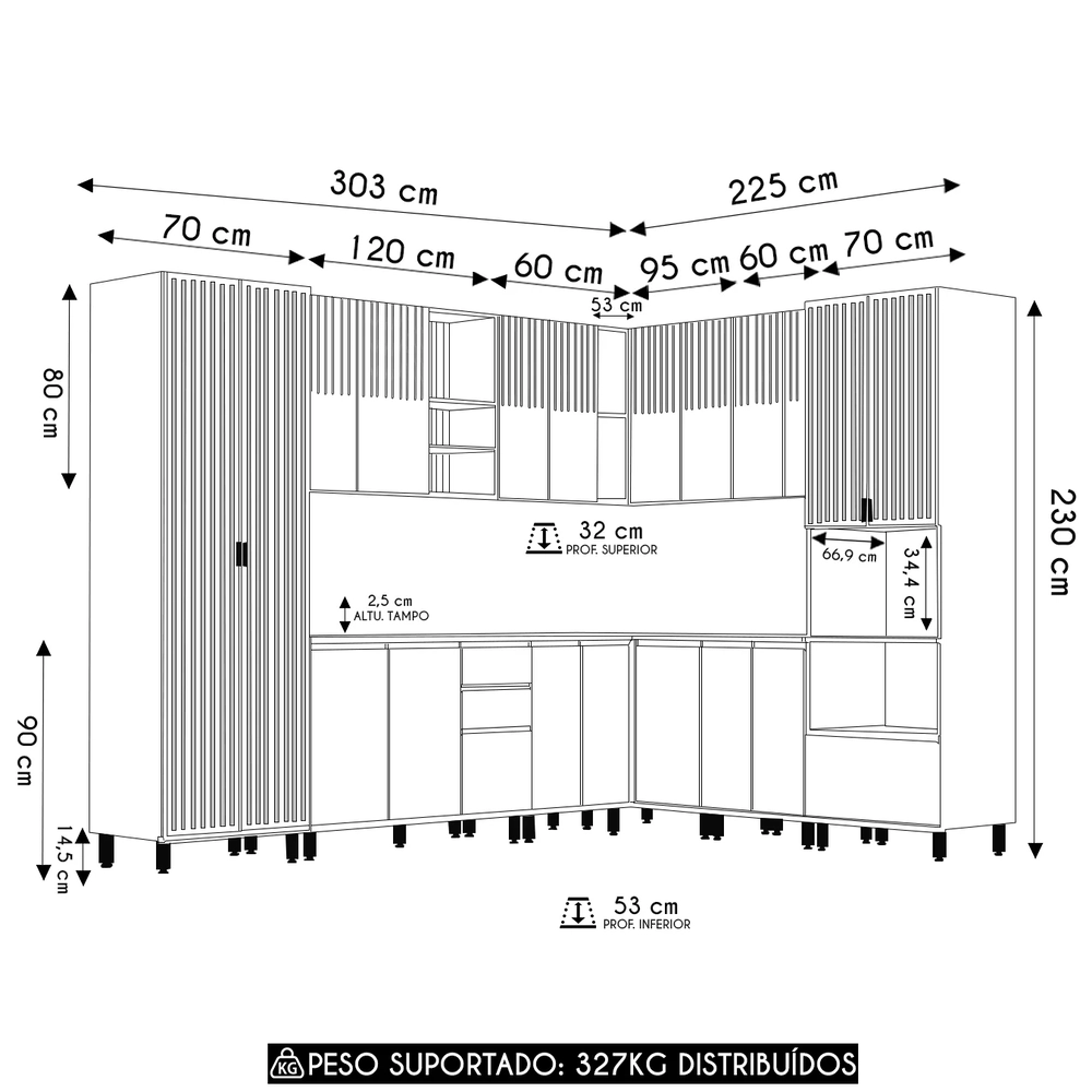 Armário de Cozinha 10 Peças CP03 e Tampo Pierre Carvalho/Cinza L01 - Mpozenato