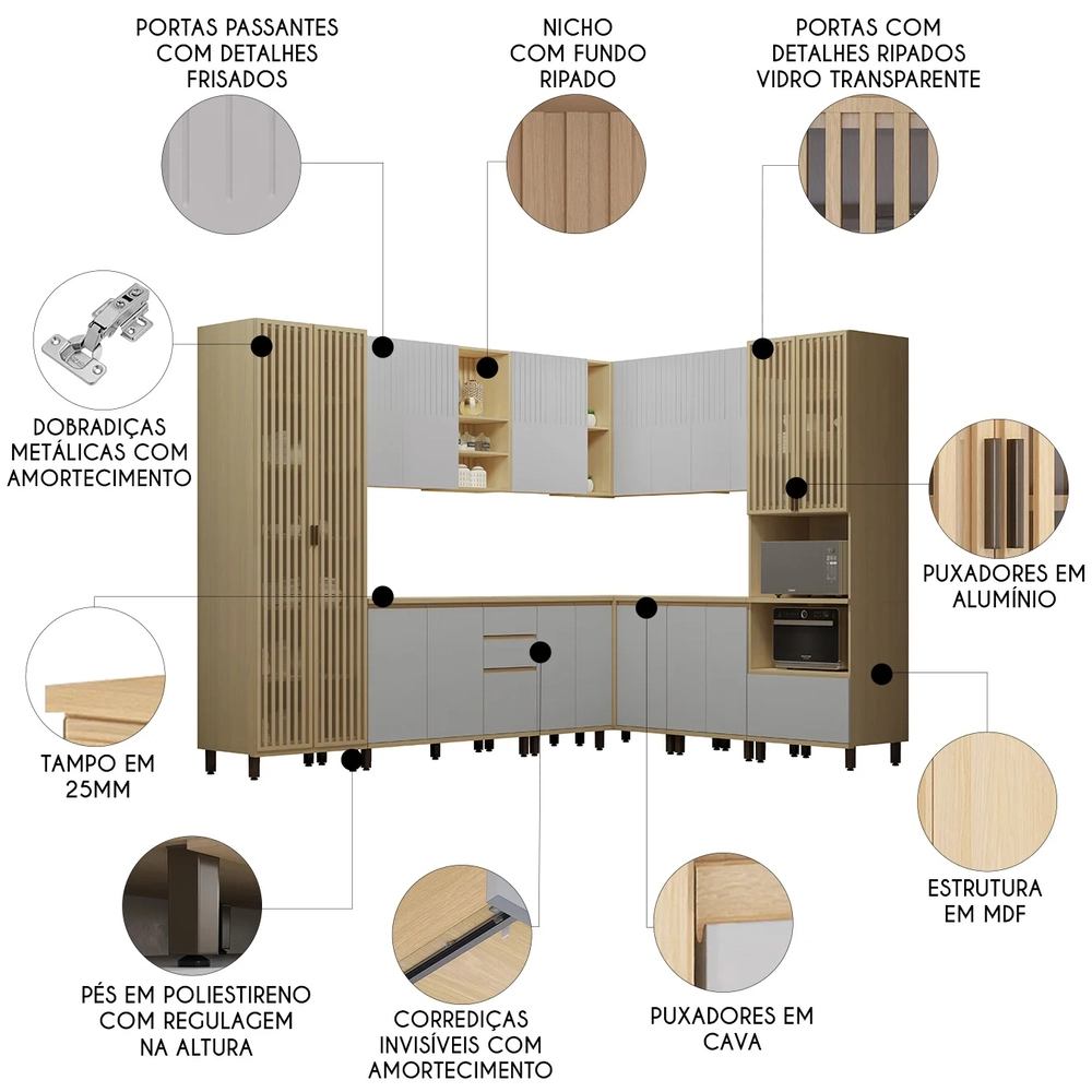 Armário de Cozinha 10 Peças CP03 e Tampo Pierre Carvalho/Cinza L01 - Mpozenato