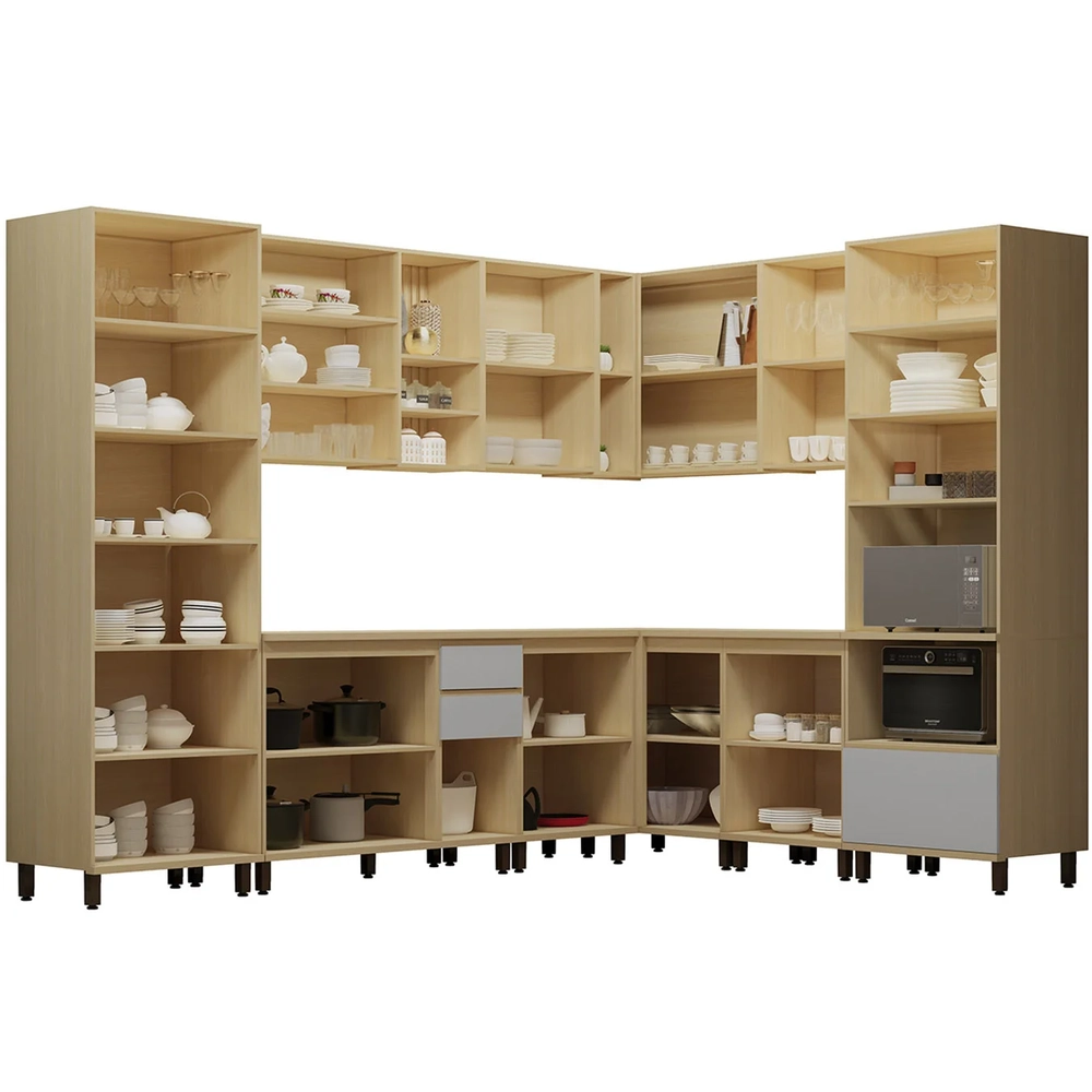 Armário de Cozinha 10 Peças CP03 e Tampo Pierre Carvalho/Cinza L01 - Mpozenato