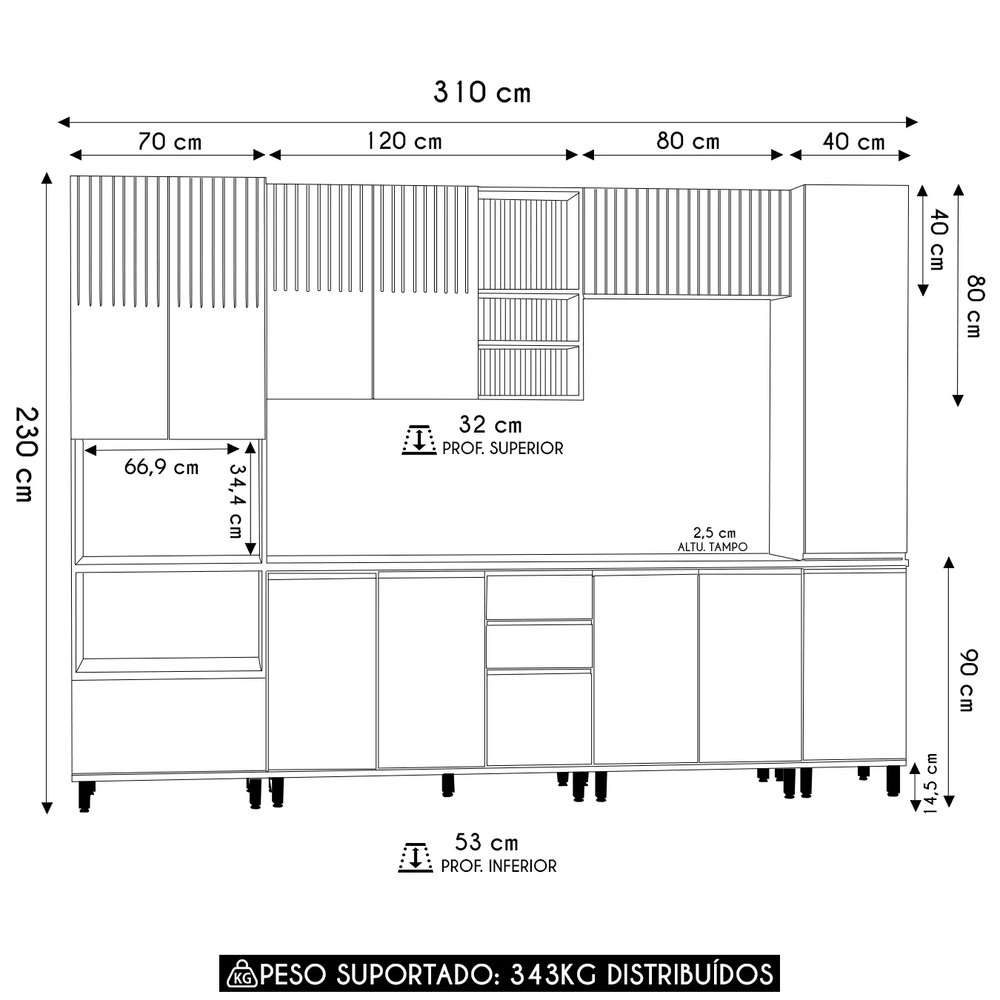 Armário de Cozinha 6 Peças CP04 e Tampo Pierre Carvalho/Cinza L01 - Mpozenato