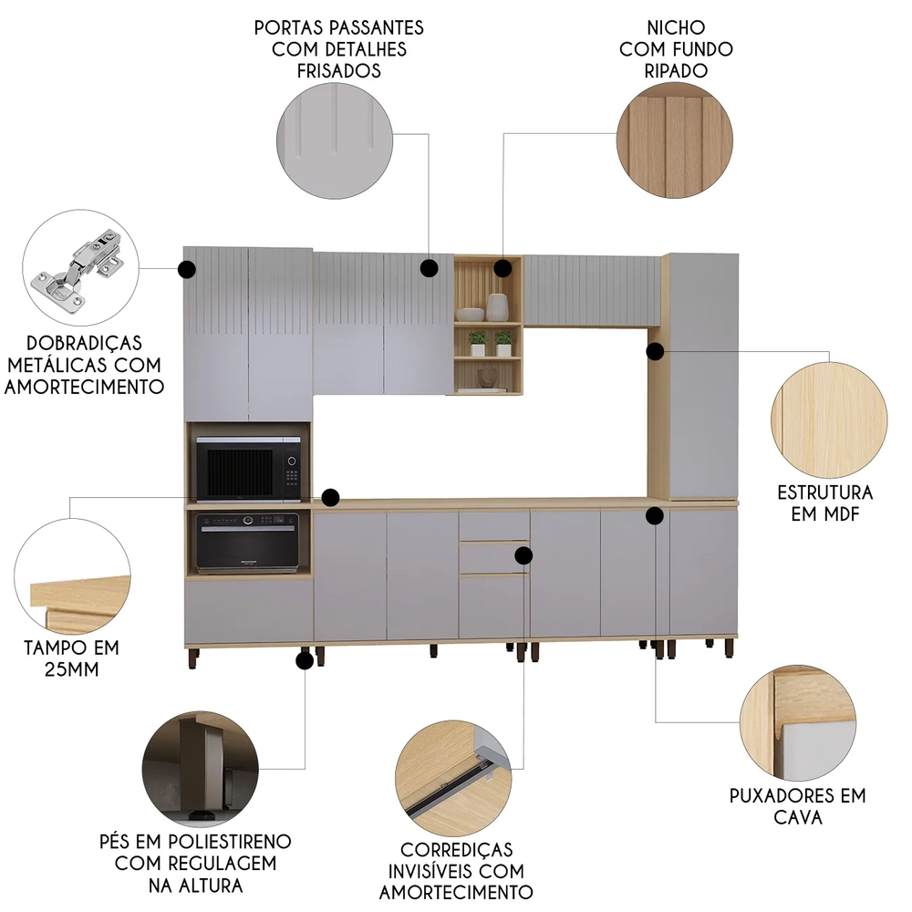 Armário de Cozinha 6 Peças CP04 e Tampo Pierre Carvalho/Cinza L01 - Mpozenato