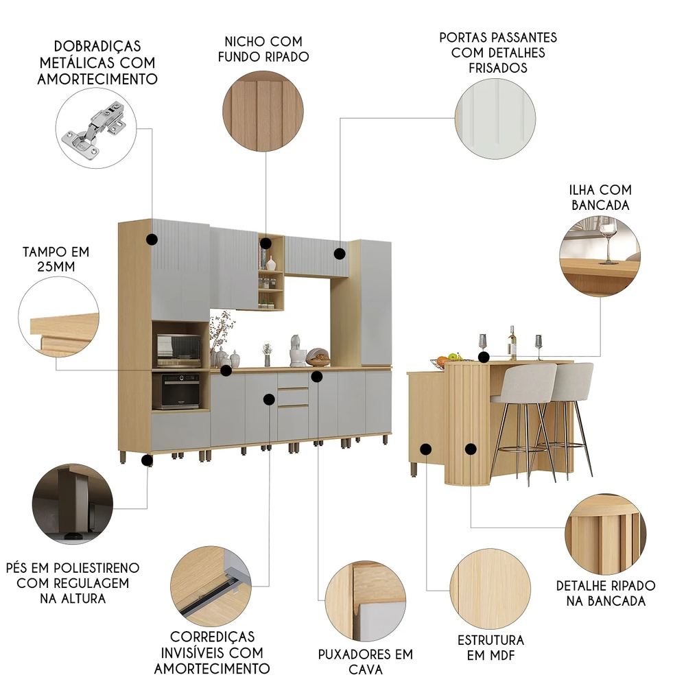 Armário de Cozinha 8 Peças CP04 Com Ilha Pierre Carvalho/Cinza L01 - Mpozenato