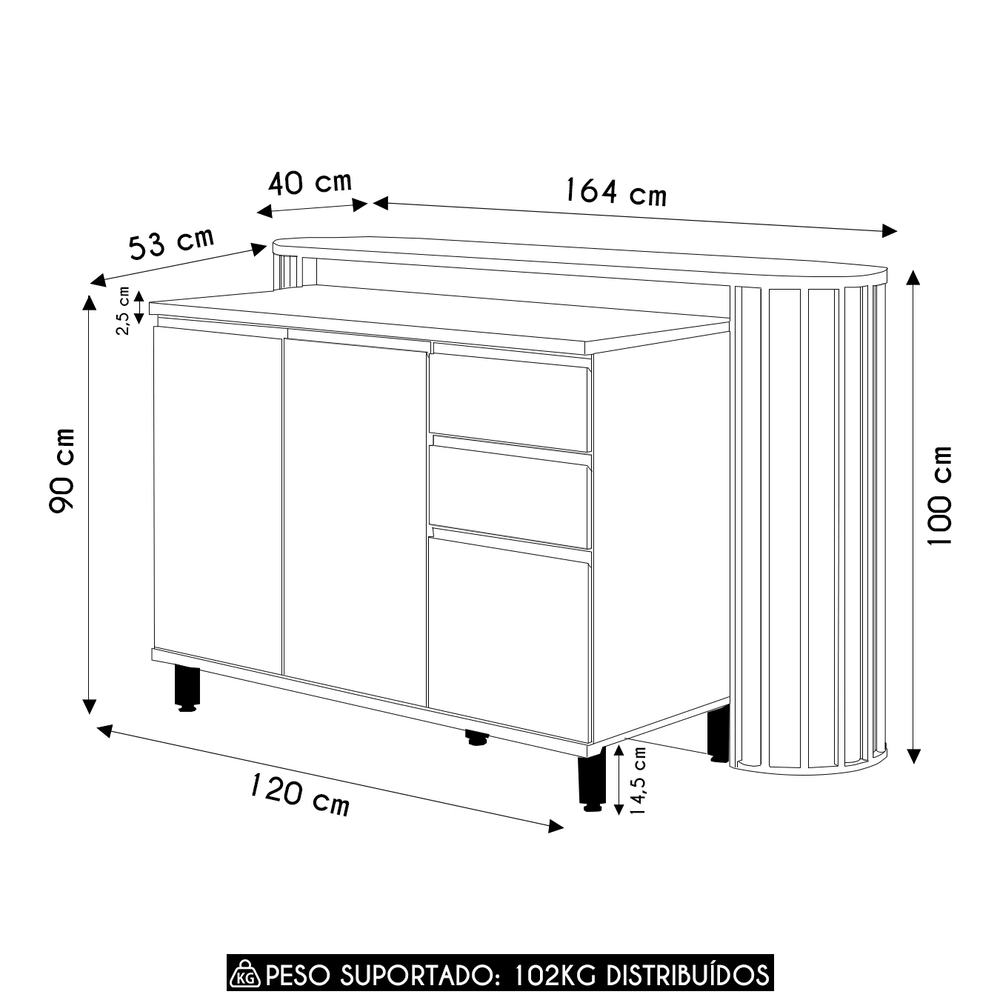 Armário de Cozinha 8 Peças CP04 Com Ilha Pierre Carvalho/Cinza L01 - Mpozenato