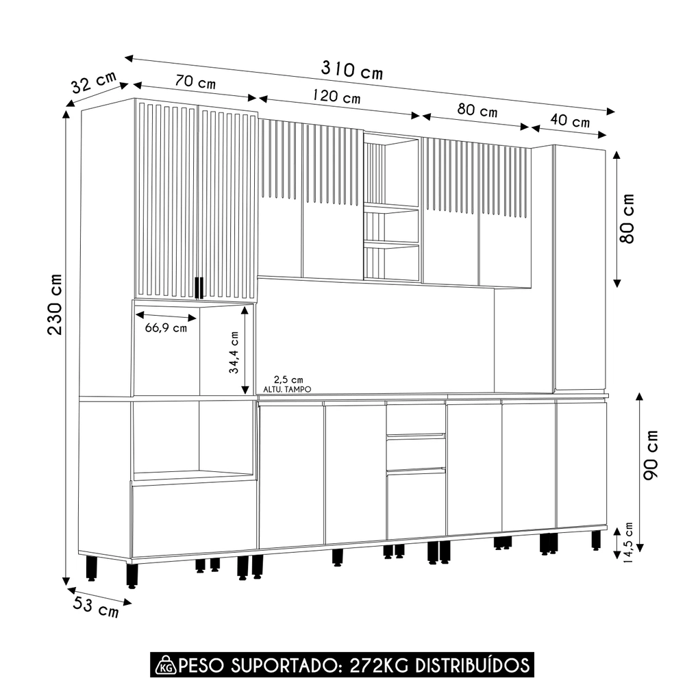 Armário de Cozinha 6 Peças CP05 e Tampo Pierre Carvalho/Cinza L01 - Mpozenato