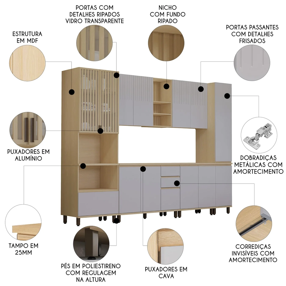 Armário de Cozinha 6 Peças CP05 e Tampo Pierre Carvalho/Cinza L01 - Mpozenato