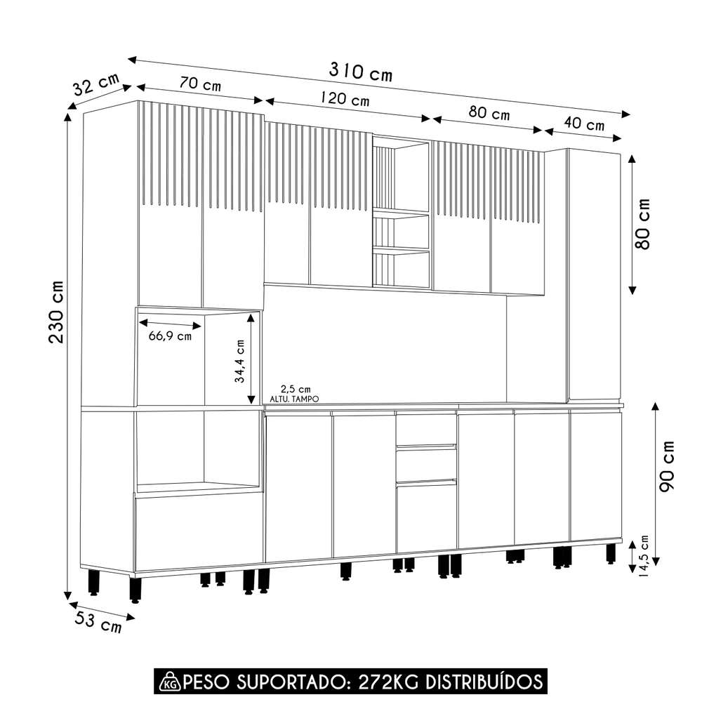Armário de Cozinha 6 Peças CP06 e Tampo Pierre Carvalho/Cinza L01 - Mpozenato