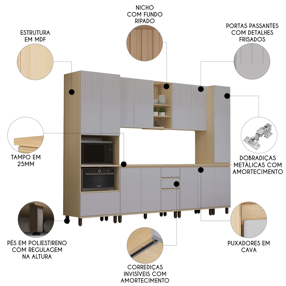 Armário de Cozinha 6 Peças CP06 e Tampo Pierre Carvalho/Cinza L01 - Mpozenato