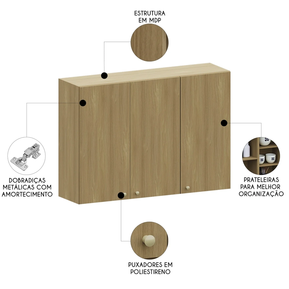 Armário de Cozinha Aéreo 120cm 3 Portas Mirella Freijó L01 - Mpozenato