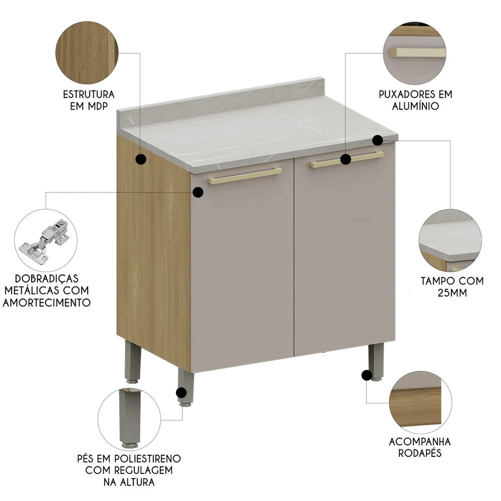 Balcão de Cozinha Com Tampo 80cm 2 Portas Mirella Freijó/Cinammon L01 - Mpozenato
