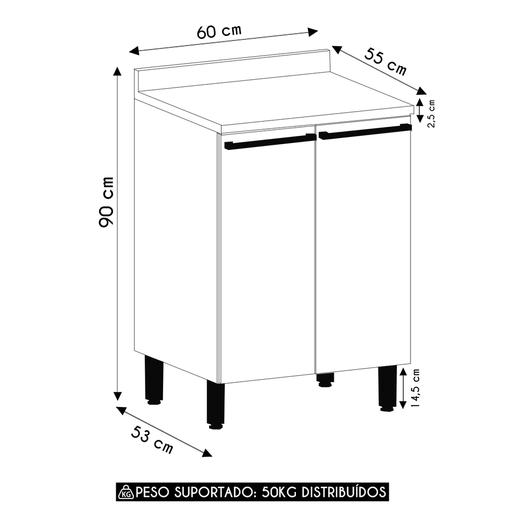 Balcão de Cozinha Com Tampo 60cm 2 Portas Mirella Freijó/Cinammon L01 - Mpozenato