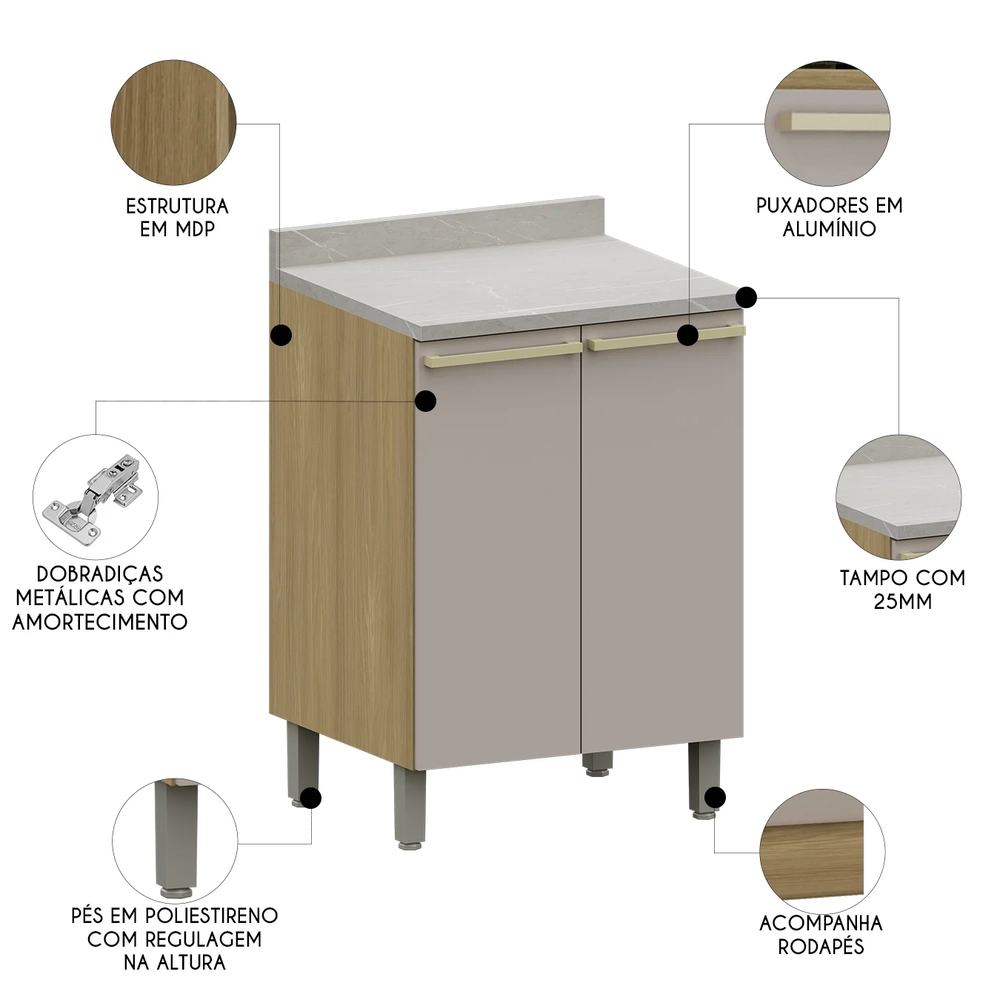 Balcão de Cozinha Com Tampo 60cm 2 Portas Mirella Freijó/Cinammon L01 - Mpozenato