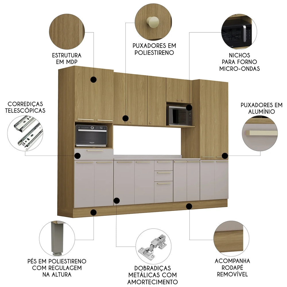 Armário Cozinha 6 Peças CP01 e Tampo Mirella Freijó/Cinammon L01 - Mpozenato