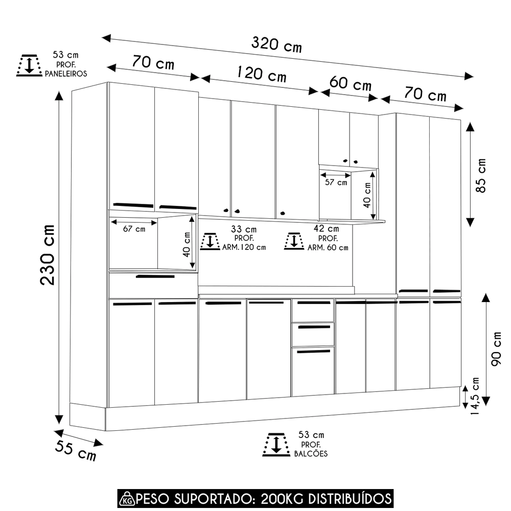 Armário Cozinha 6 Peças CP01 e Tampo Mirella Freijó/Cinammon L01 - Mpozenato