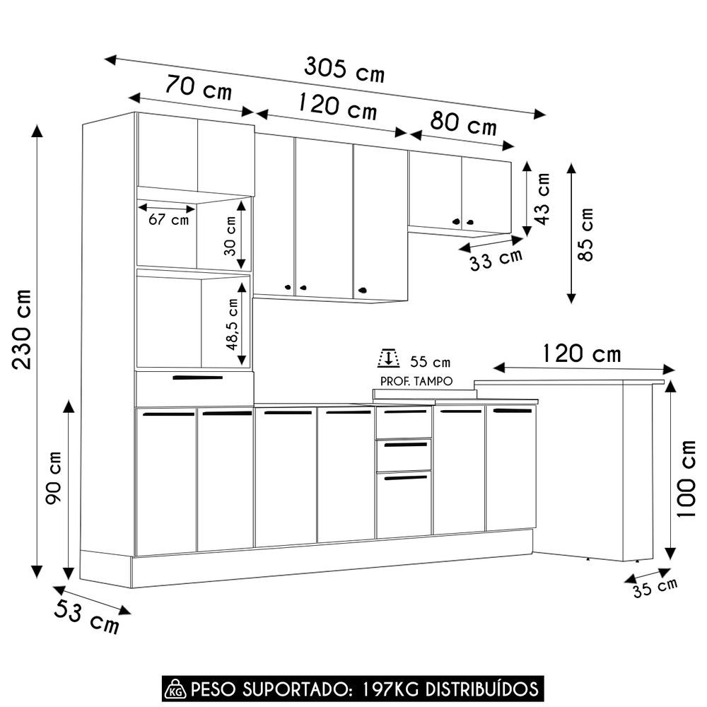 Armário Cozinha 7 Peças CP02 Com Pia Mirella Freijó/Cinammon L01 - Mpozenato