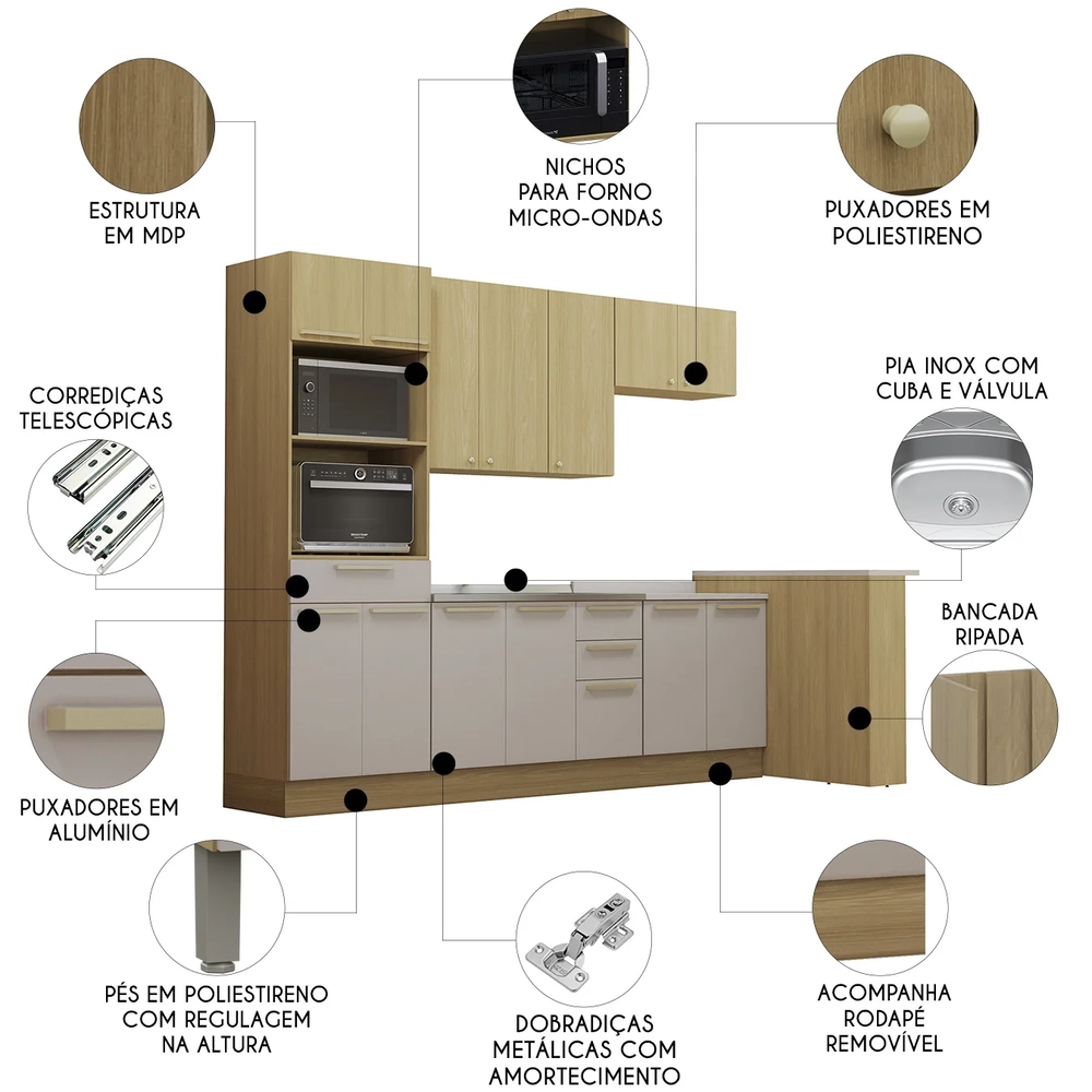 Armário Cozinha 7 Peças CP02 Com Pia Mirella Freijó/Cinammon L01 - Mpozenato