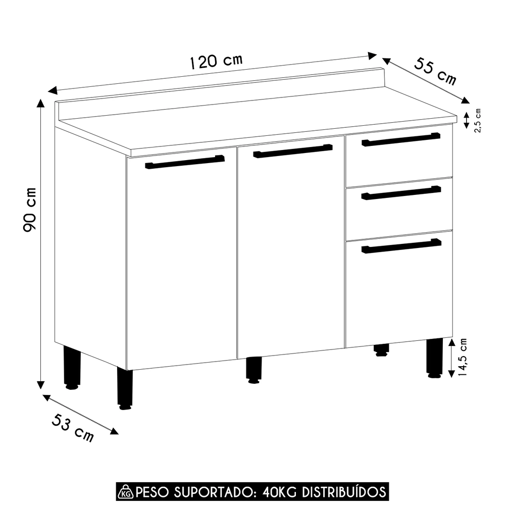 Balcão de Cozinha Com Tampo 120cm Mirella Freijó/Cinammon L01 - Mpozenato