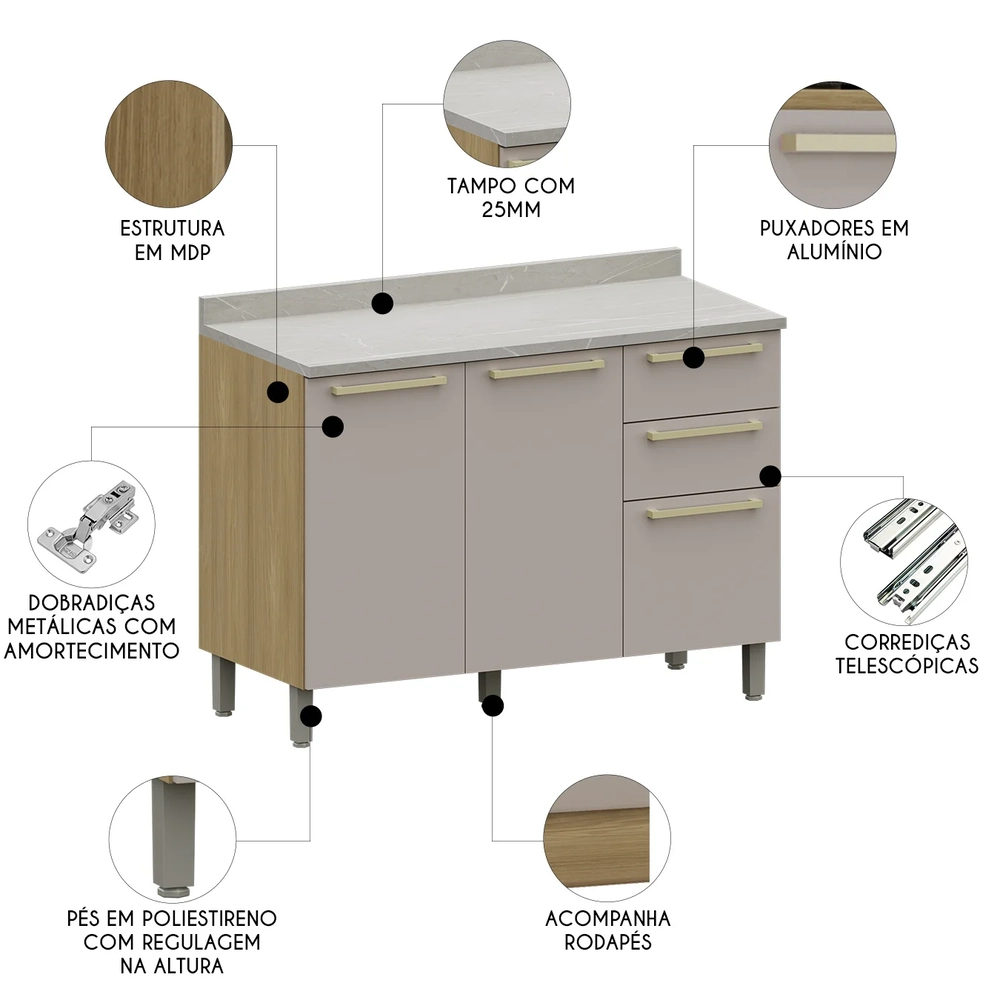 Balcão de Cozinha Com Tampo 120cm Mirella Freijó/Cinammon L01 - Mpozenato