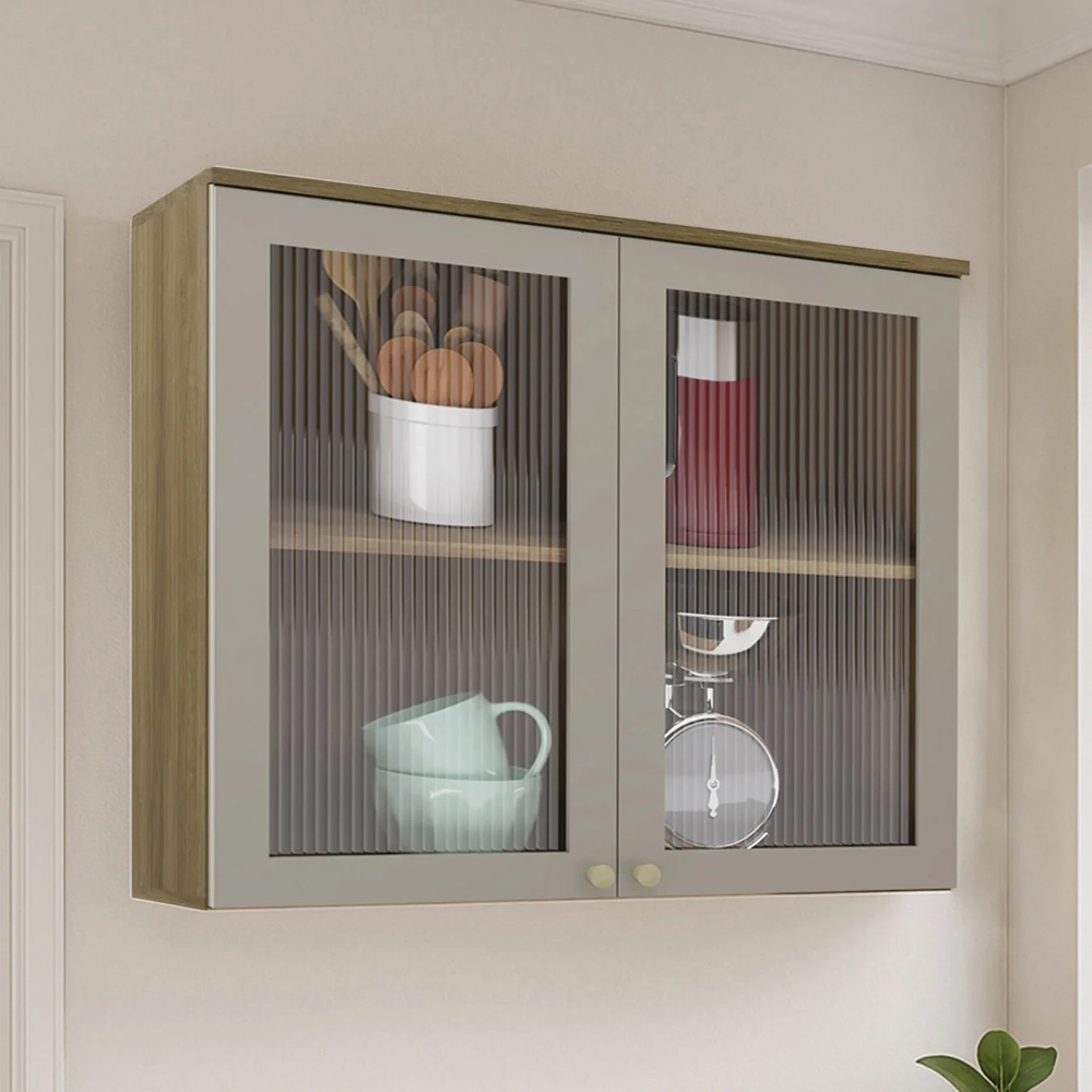 Armário de Cozinha 80cm 2 Portas Com Vidro Nádia Mocca/Avelã L01 - Mpozenato