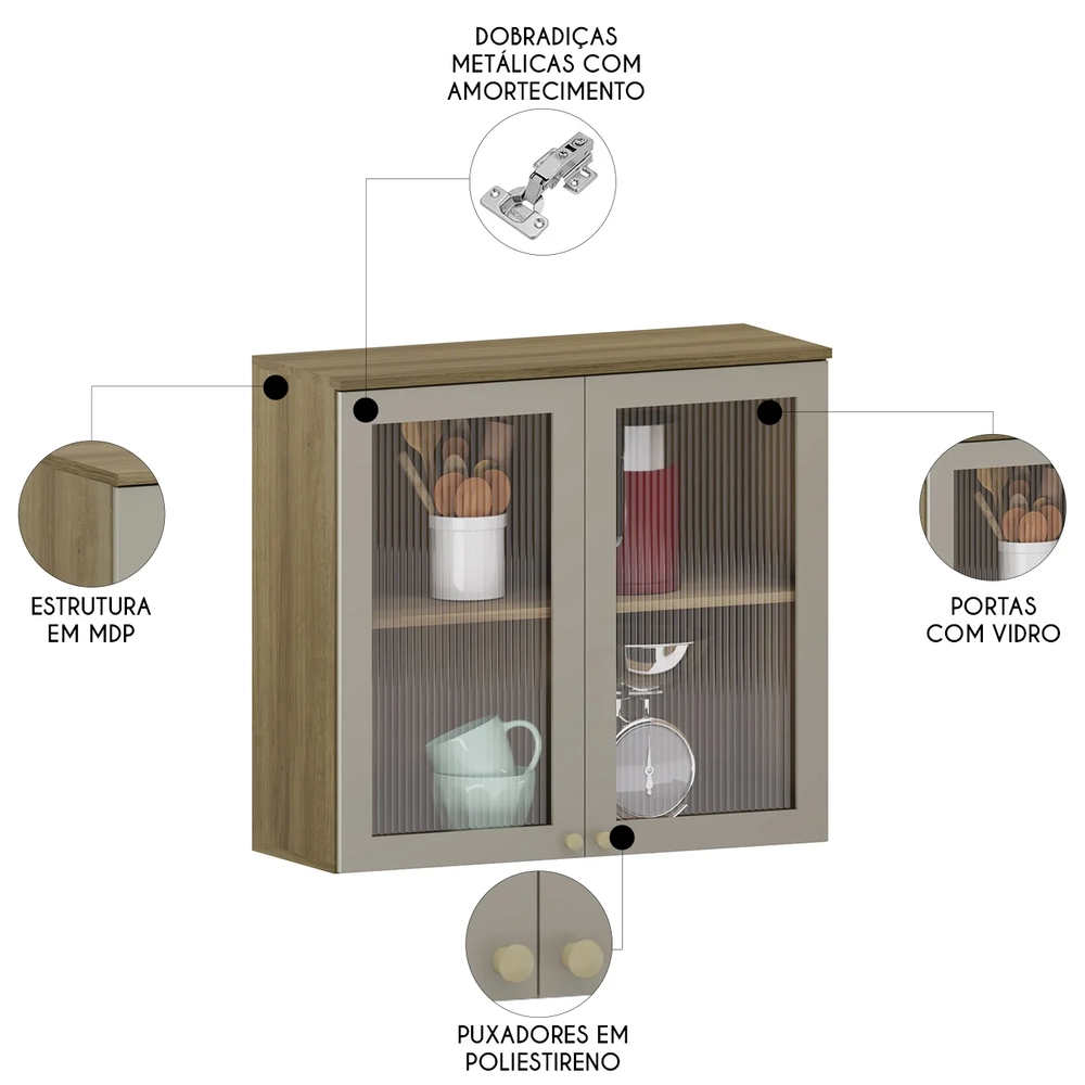 Armário de Cozinha 80cm 2 Portas Com Vidro Nádia Mocca/Avelã L01 - Mpozenato