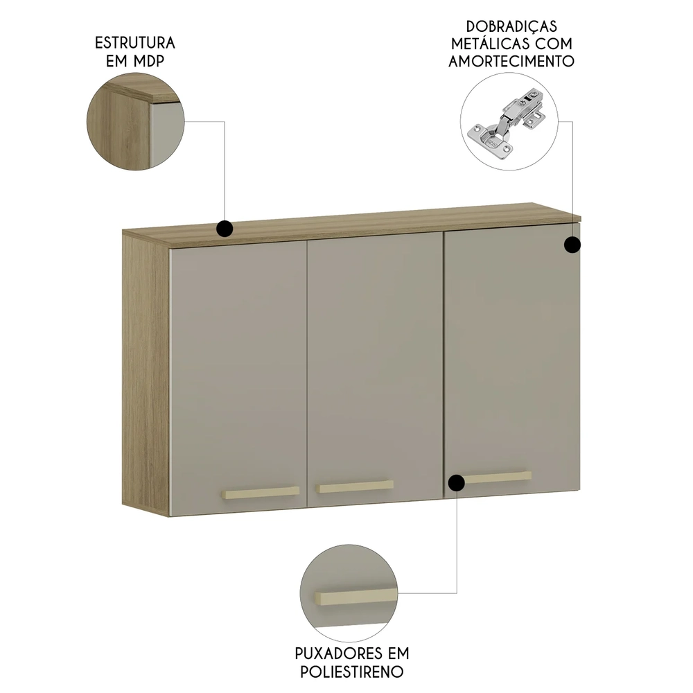 Armário de Cozinha Aéreo 120cm 3 Portas Nádia Mocca/Avelã L01 - Mpozenato
