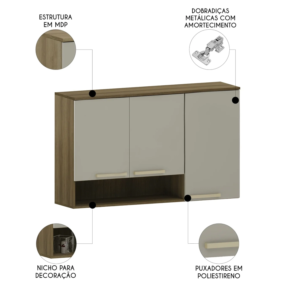 Armário Cozinha 120cm 3 Portas Com Nicho Nádia Mocca/Avelã L01 - Mpozenato