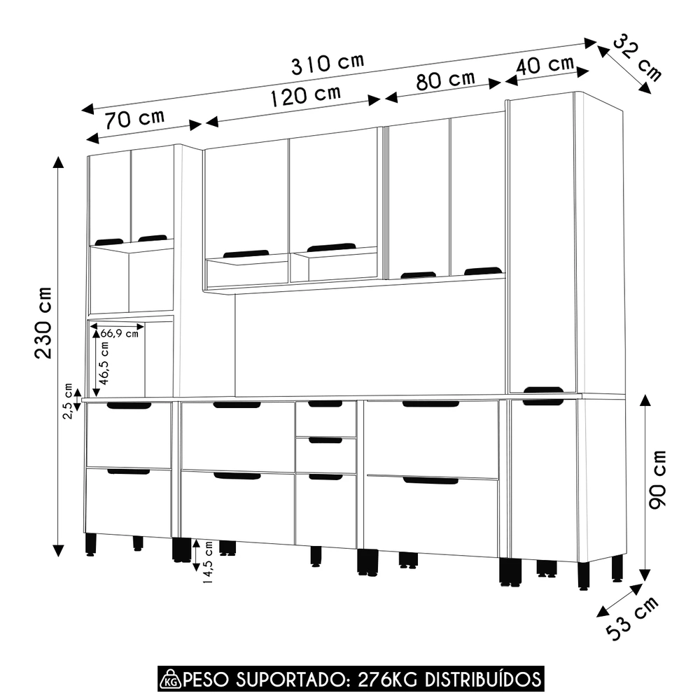 Armário Cozinha 6 Peças CP02 e Tampo Marina Cinammon/Freijó L01 - Mpozenato
