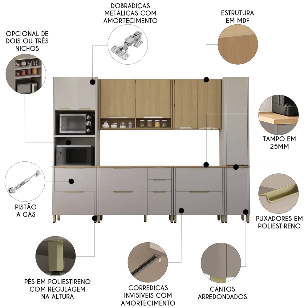 Armário Cozinha 6 Peças CP02 e Tampo Marina Cinammon/Freijó L01 - Mpozenato