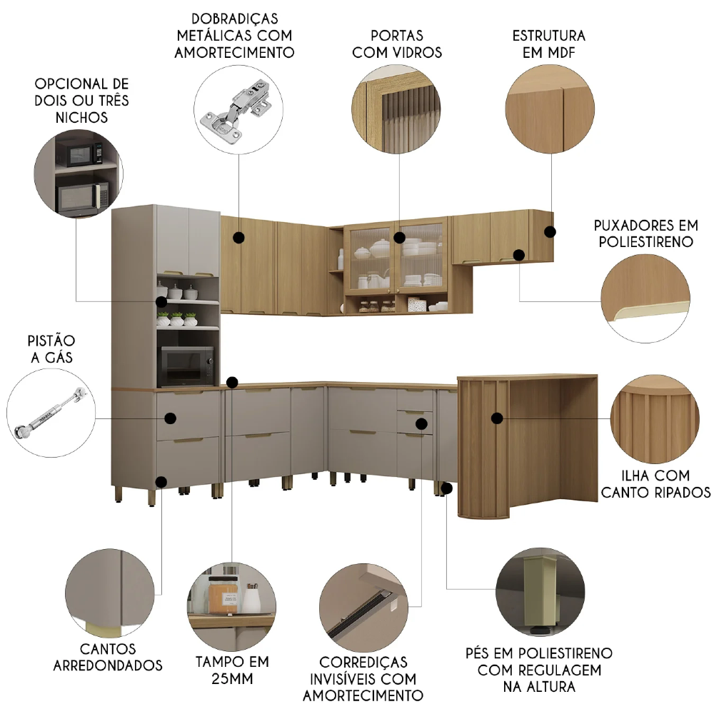 Armário Cozinha 10 Peças CP03 e Tampo Marina Cinammon/Freijó L01 - Mpozenato