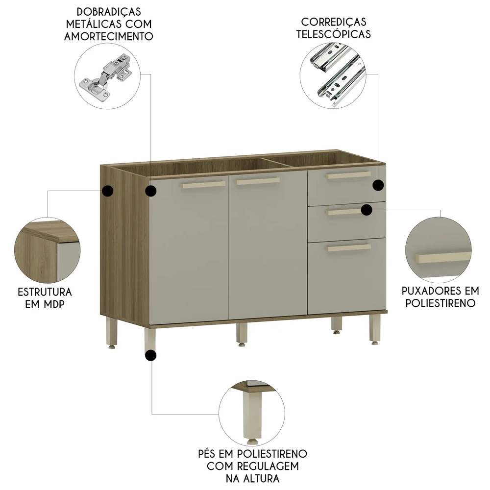 Balcão de Cozinha Para Pia 120cm Nádia Mocca/Avelã L01 - Mpozenato