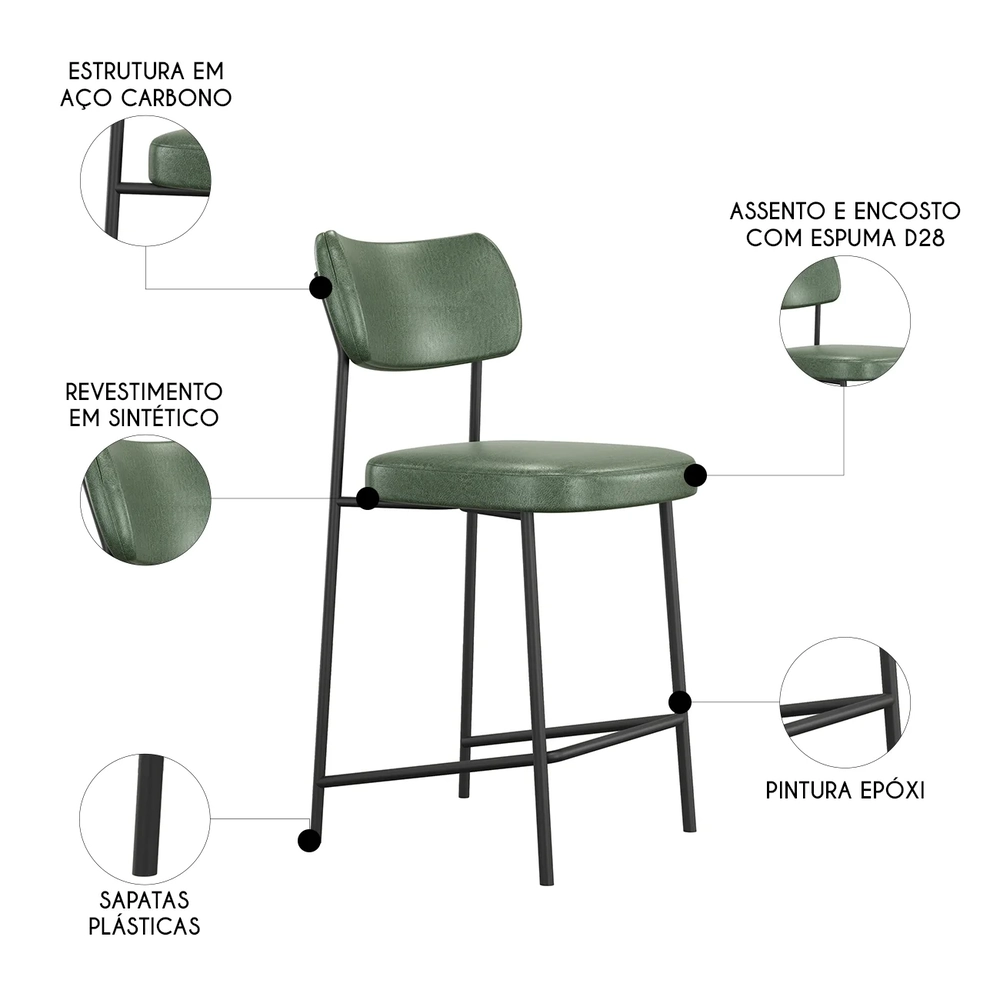 Banqueta Cozinha Média Kit 2 Milli Sintético Verde A14      - Mpozenato