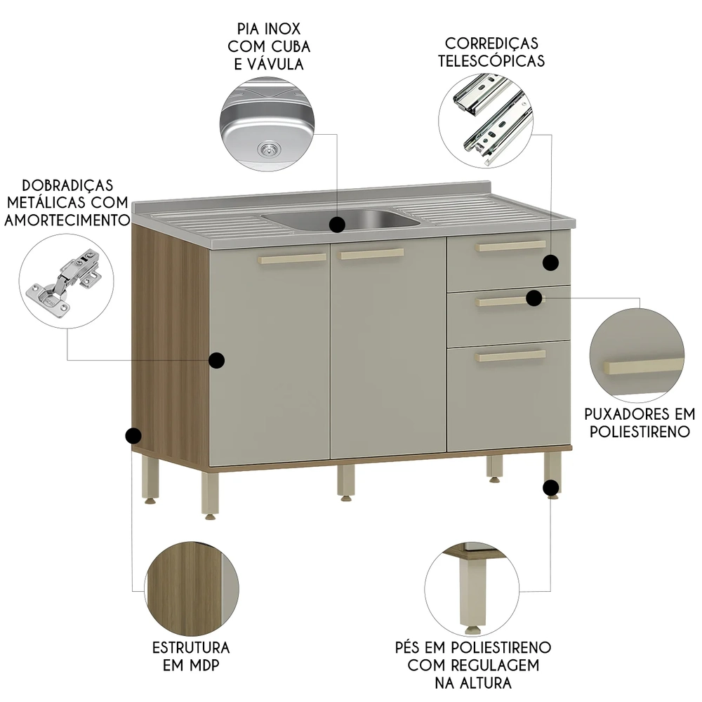 Balcão de Cozinha Com Pia Inox 120cm Nádia Mocca/Avelã L01 - Mpozenato