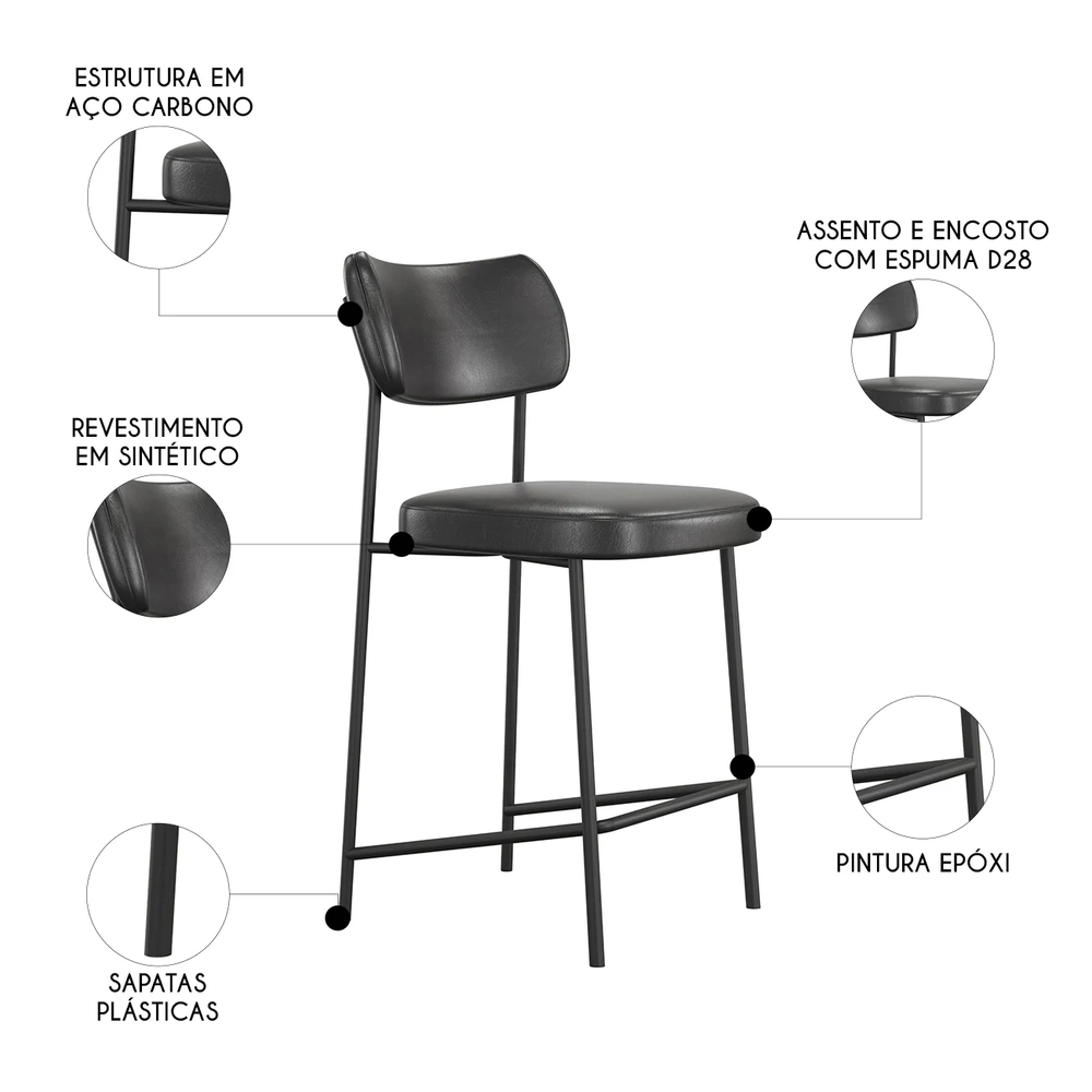 Banqueta Cozinha Média Kit 4 Milli Sintético Preto A14      - Mpozenato