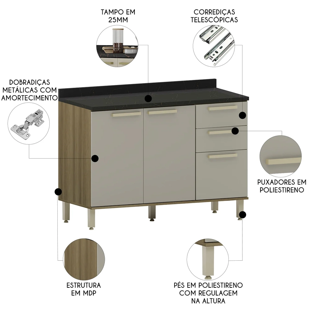 Balcão de Cozinha Com Tampo 120cm Nádia Mocca/Avelã L01 - Mpozenato
