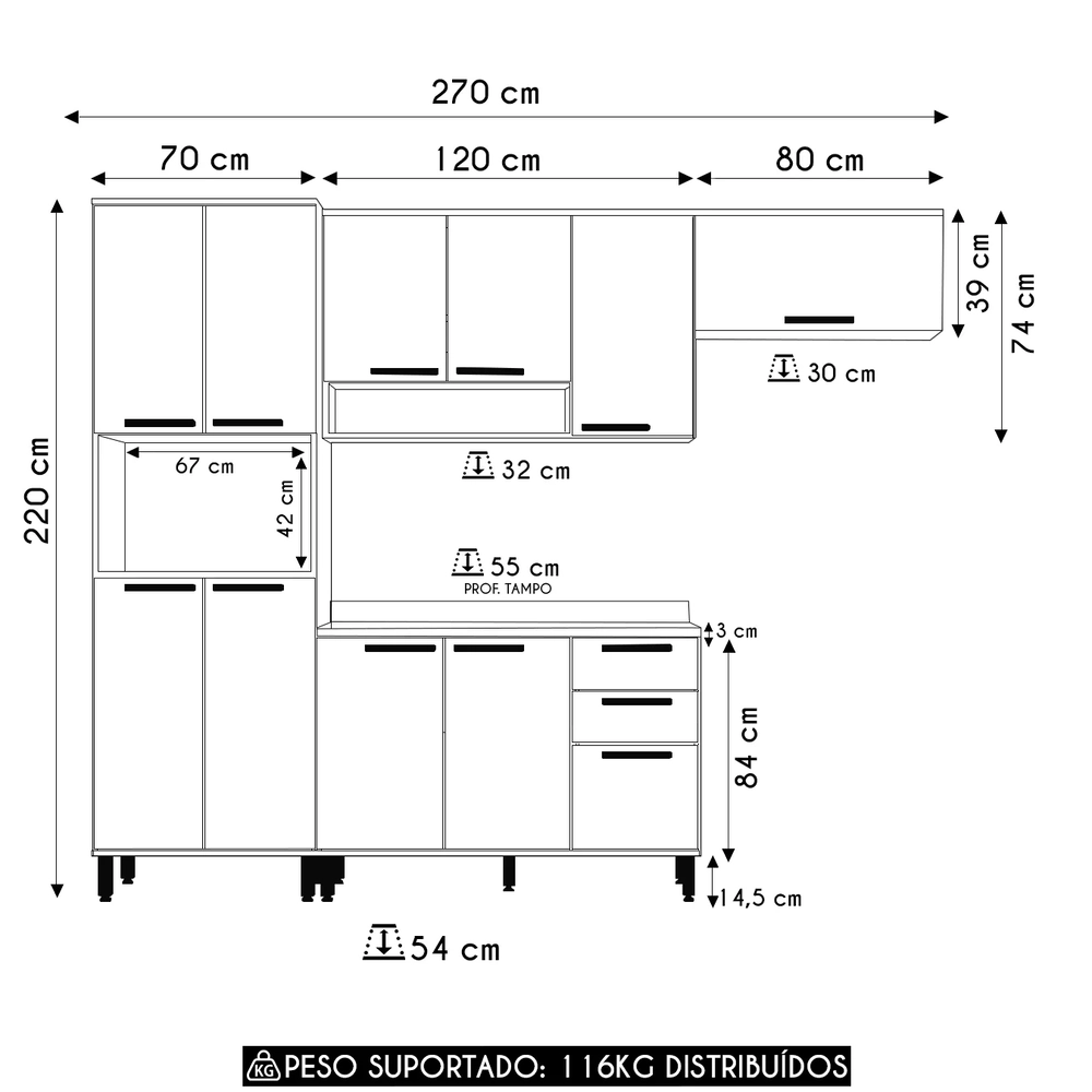 Armário Cozinha 4 Peças CP01 Com Tampo Nádia Mocca/Avelã L01 - Mpozenato