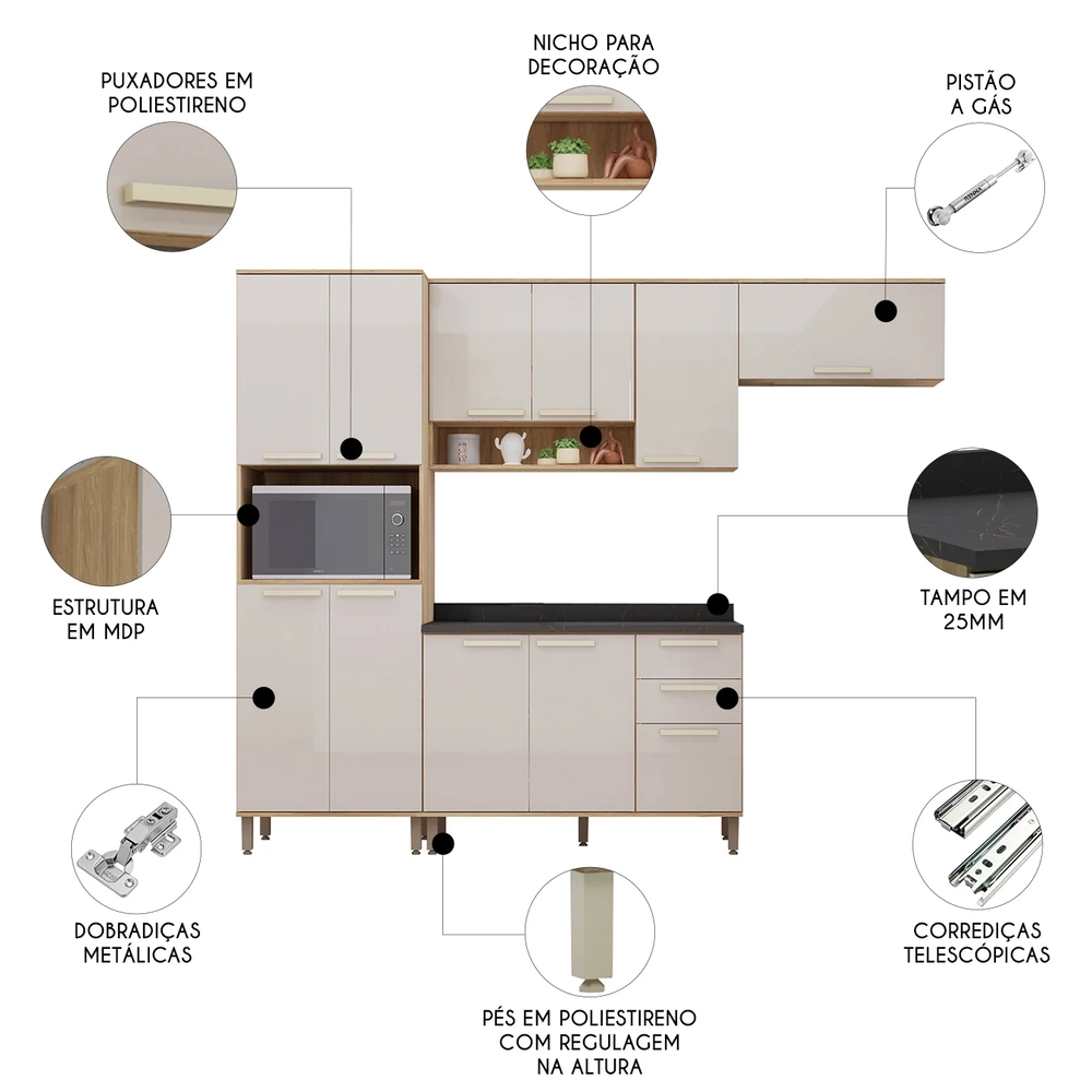 Armário Cozinha 4 Peças CP01 Com Tampo Nádia Mocca/Avelã L01 - Mpozenato