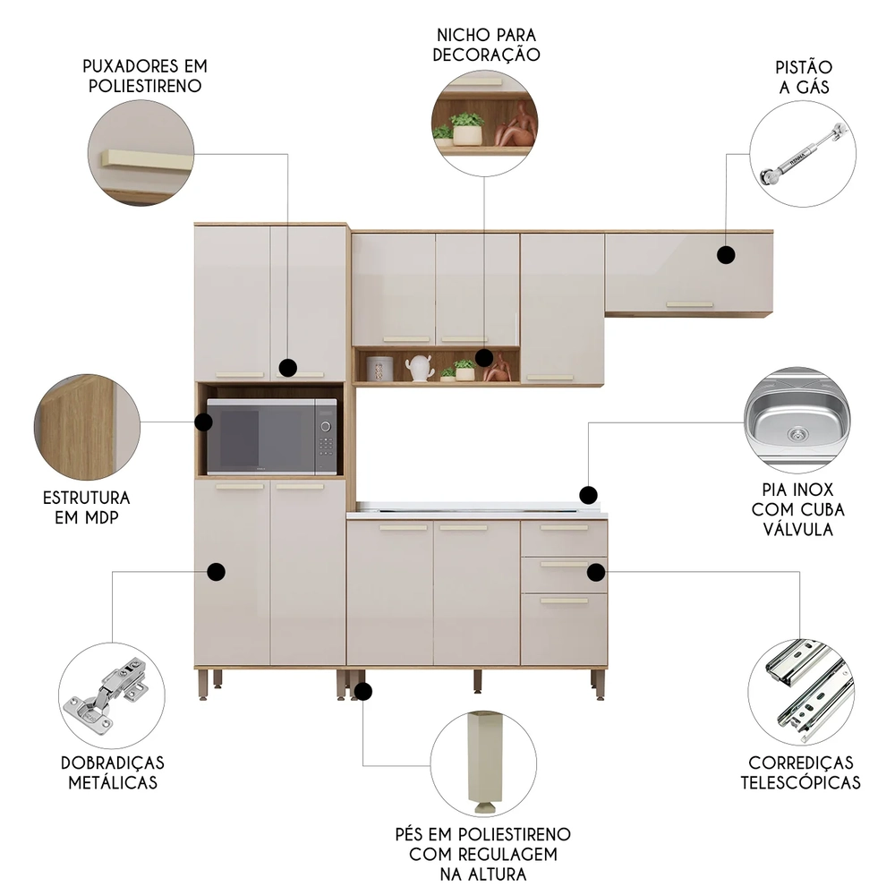 Armário Cozinha 4 Peças CP01 Com Pia Nádia Mocca/Avelã L01 - Mpozenato