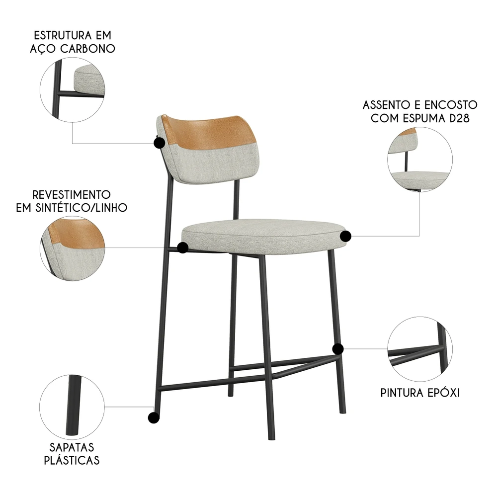Banqueta Cozinha Média Kit 6 Milli Linho Caramelo/Cinza A14 - Mpozenato