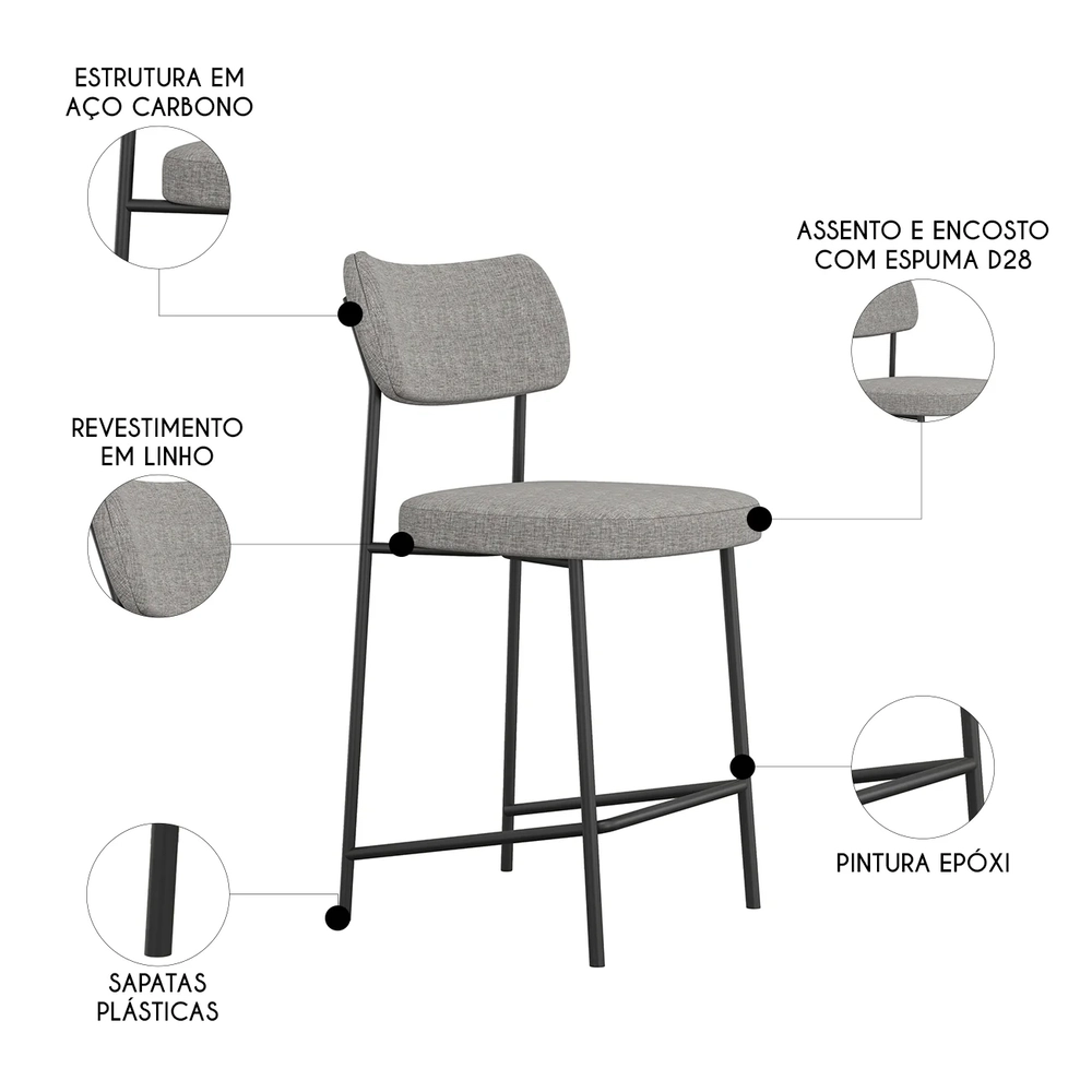 Banqueta Cozinha Média Kit 6 Milli Linho Cinza A14          - Mpozenato