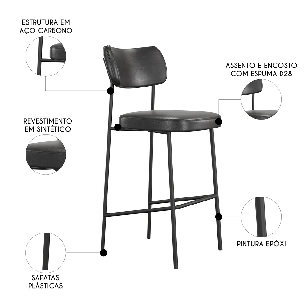 Banqueta Alta Bar Estofada Kit 6 Milli Sintético Preto A14  - Mpozenato