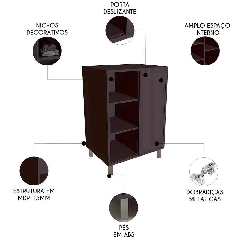 Gabinete de Banheiro 60cm Para Cuba 1 Porta Malu Grafite F10 - Mpozenato