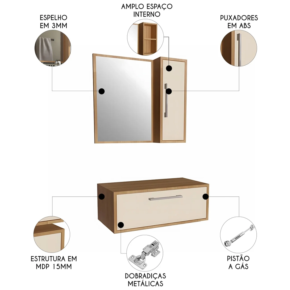 Gabinete Banheiro Para Cuba com Espelho Ingrid Mel/Arenas F10 - Mpozenato