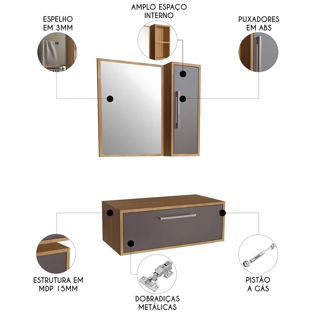 Gabinete Banheiro Para Cuba com Espelho Ingrid Mel/Grafite F10 - Mpozenato