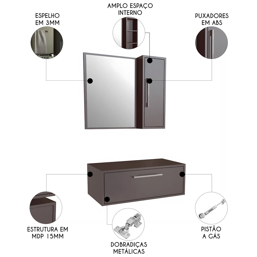Gabinete Banheiro Para Cuba com Espelho Ingrid Grafite F10  - Mpozenato