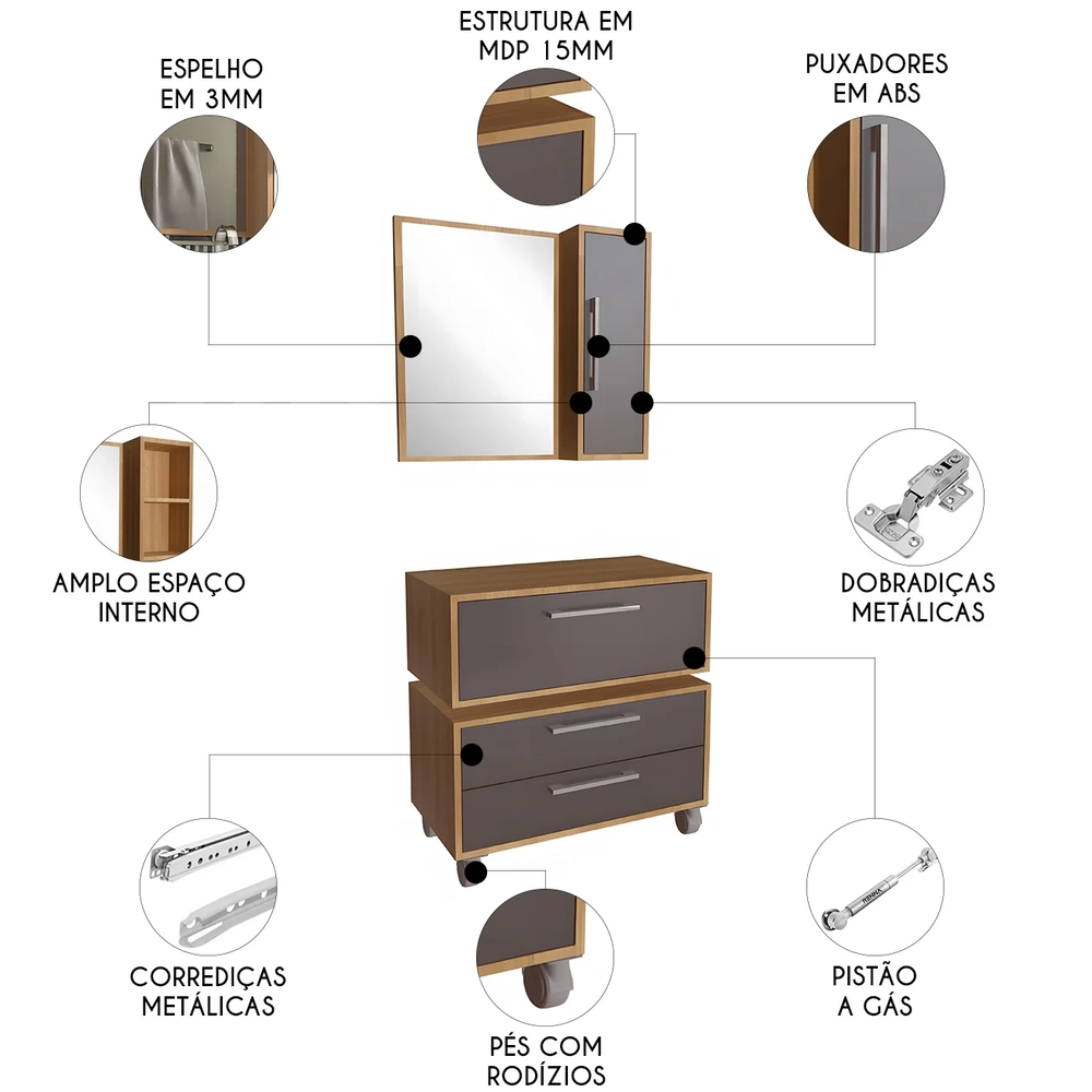 Gabinete Banheiro Gaveteiro e Espelheira Ingrid Mel/Grafite F10 - Mpozenato