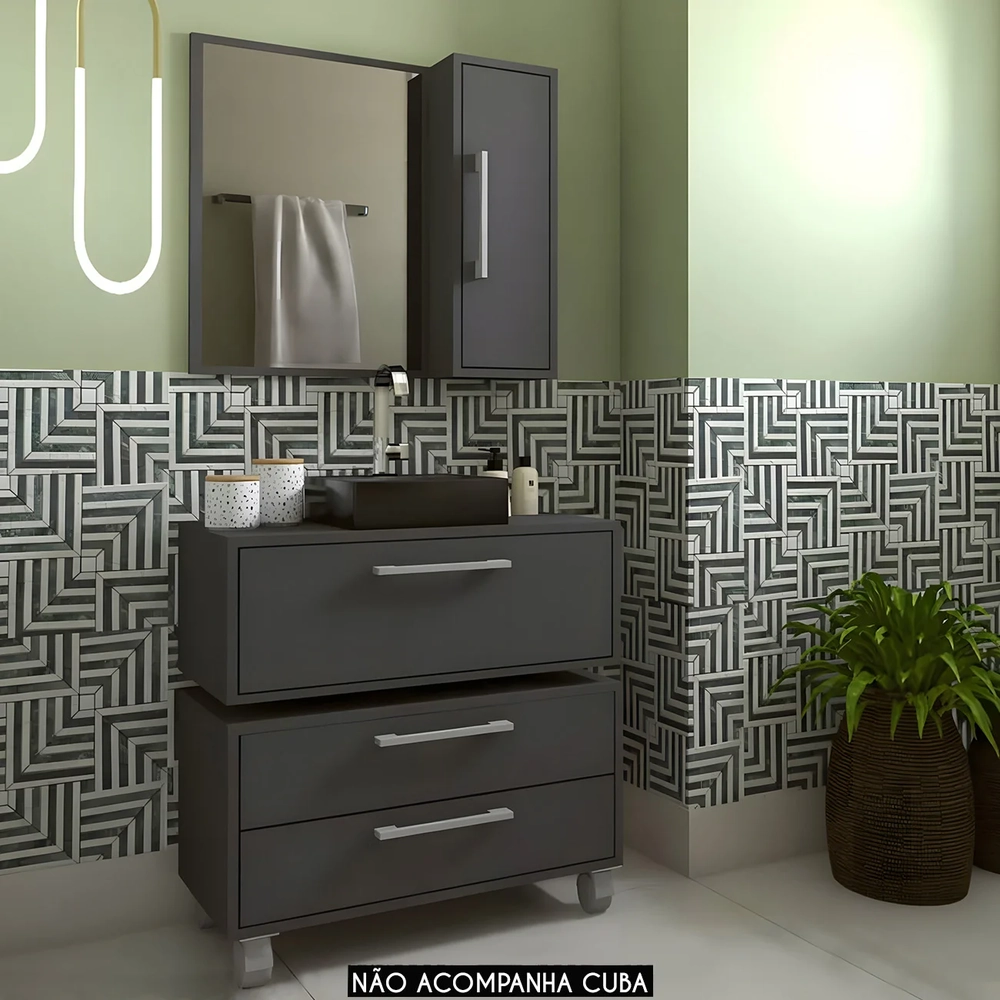 Gabinete Banheiro Gaveteiro e Espelheira Ingrid Grafite F10 - Mpozenato