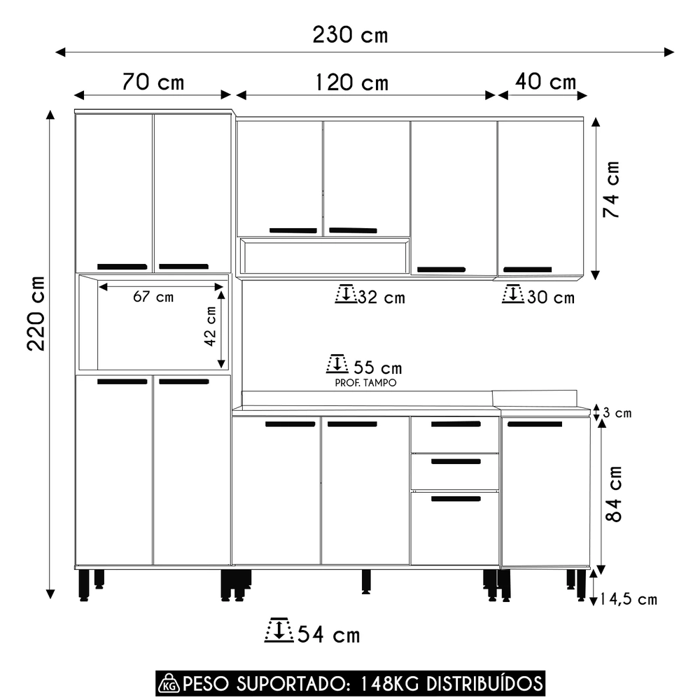 Armário Cozinha 5 Peças CP02 Com Tampo Nádia Mocca/Avelã L01 - Mpozenato